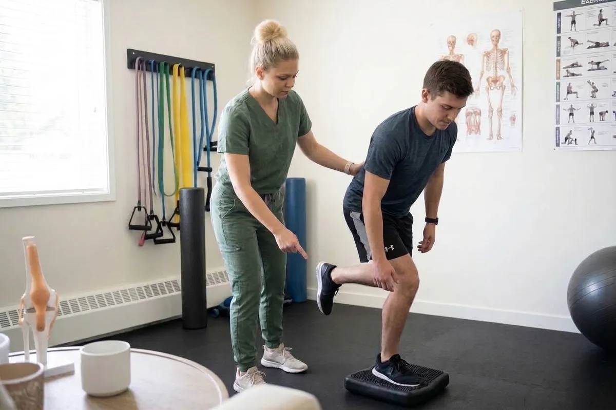 Therapist coaching a client through a single-leg balance exercise in a rehab room with resistance bands