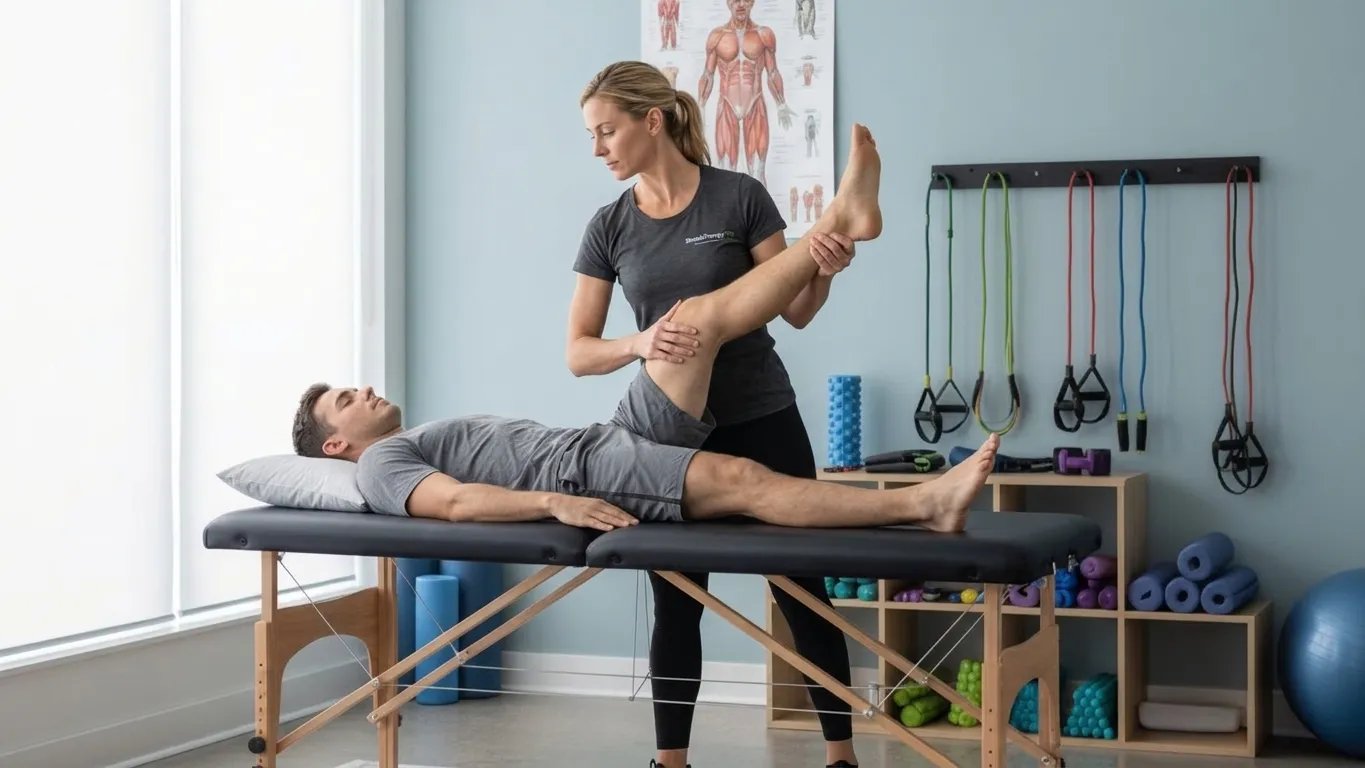 Stretch therapist guiding a client through an assisted leg stretch in a bright treatment room