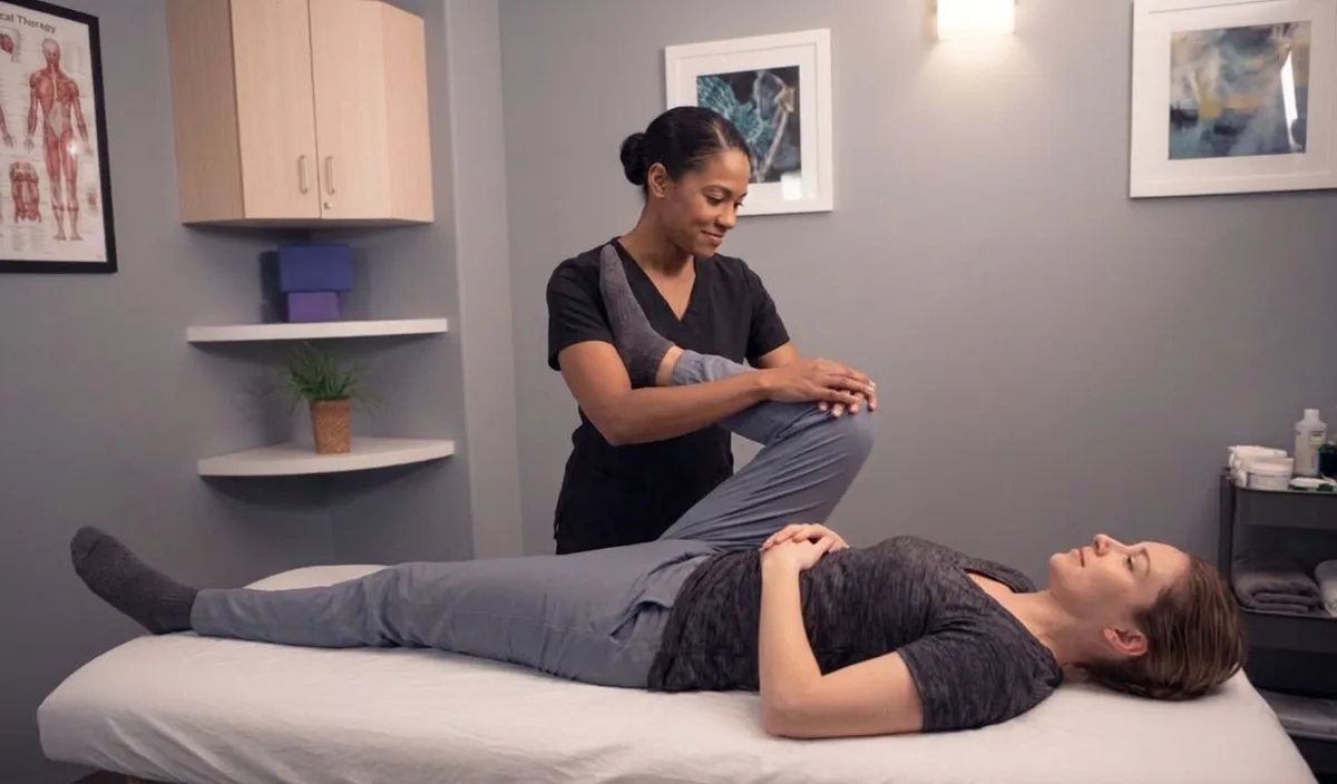 Therapist guiding a client through an assisted hip and leg stretch